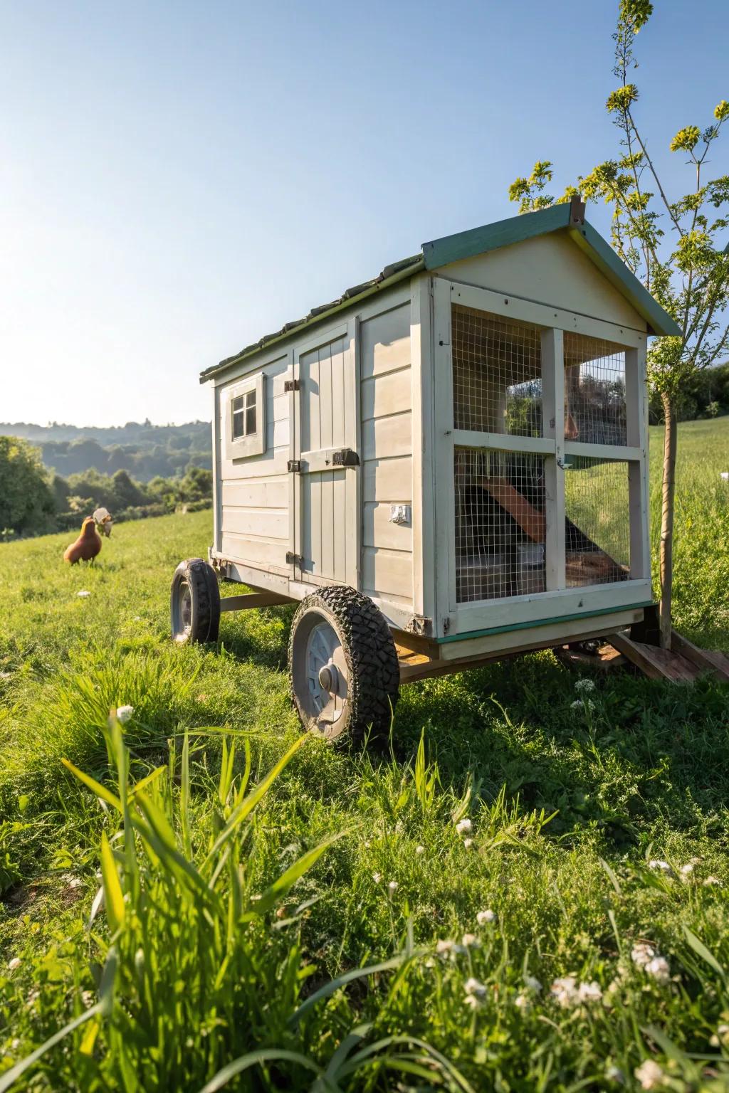 A wheeled chicken coop ready for adventure in a sunny backyard.