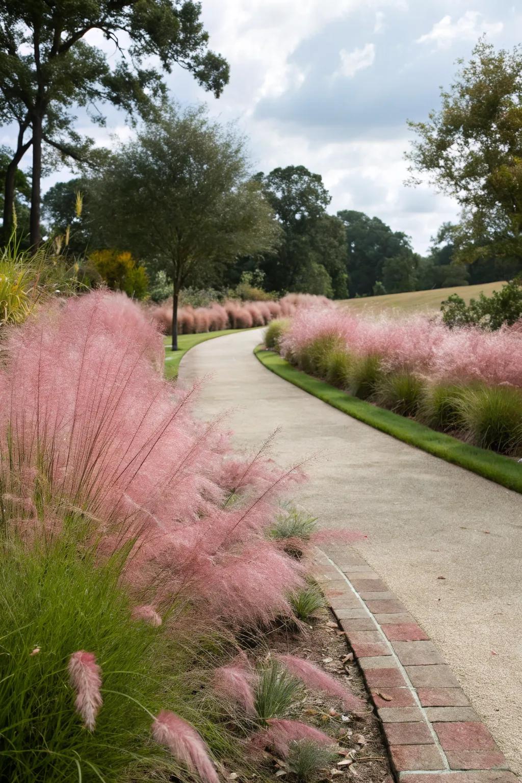 Muhly grass used as a charming natural border along a garden path.