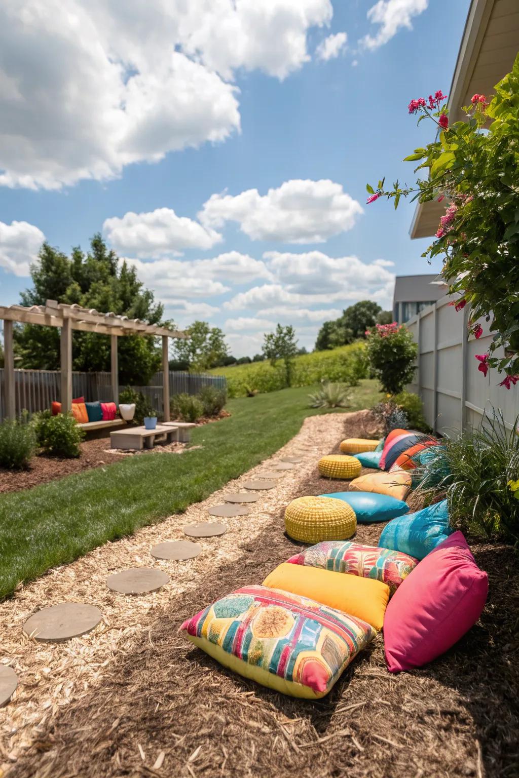 A cozy seating area surrounded by mulch, perfect for relaxation.