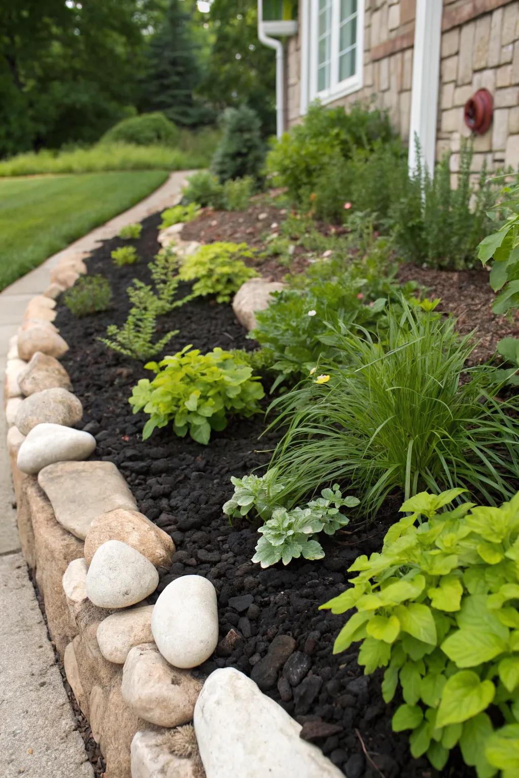 Dark mulch creating a bold contrast with light stones and greenery.