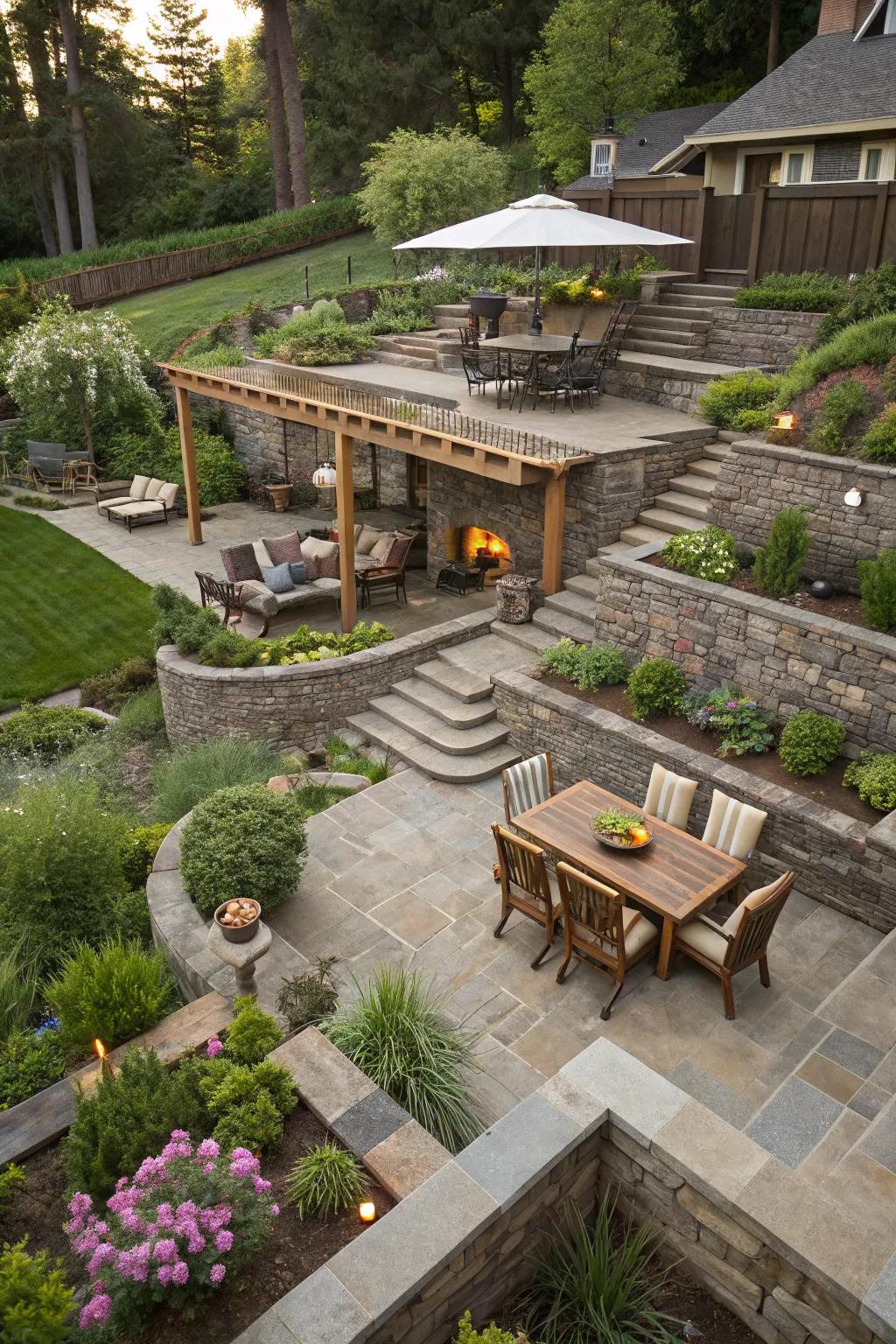 Terracing transforms your backyard into distinct, purposeful zones.