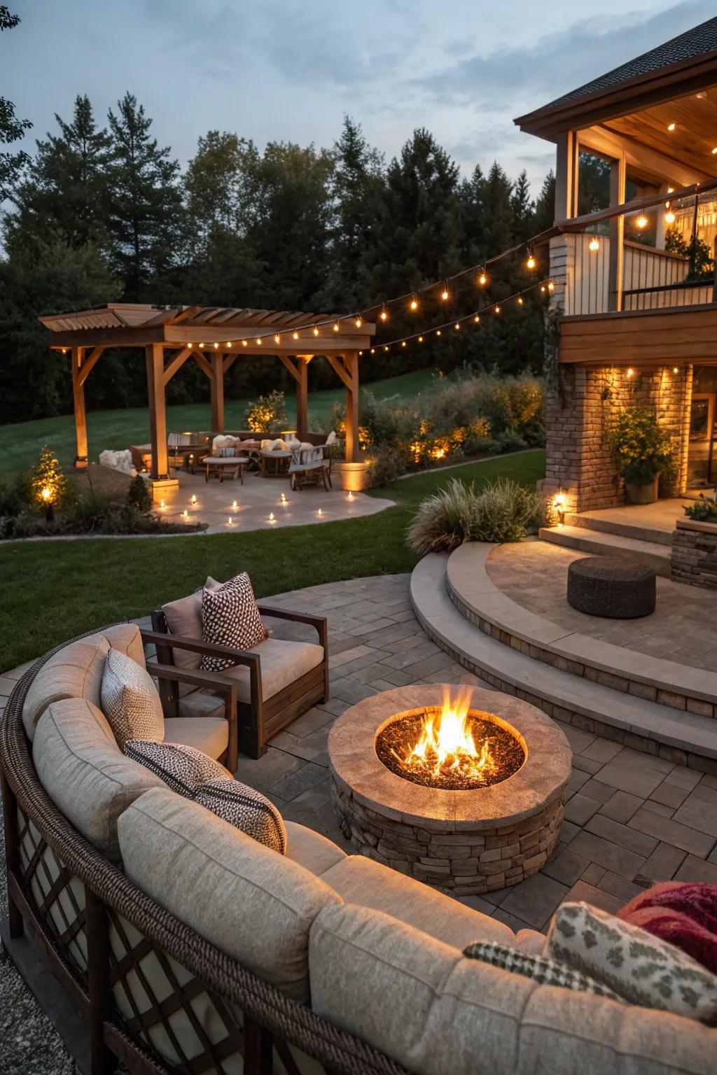Create a cozy gathering spot with a fire pit on your multi-level patio.