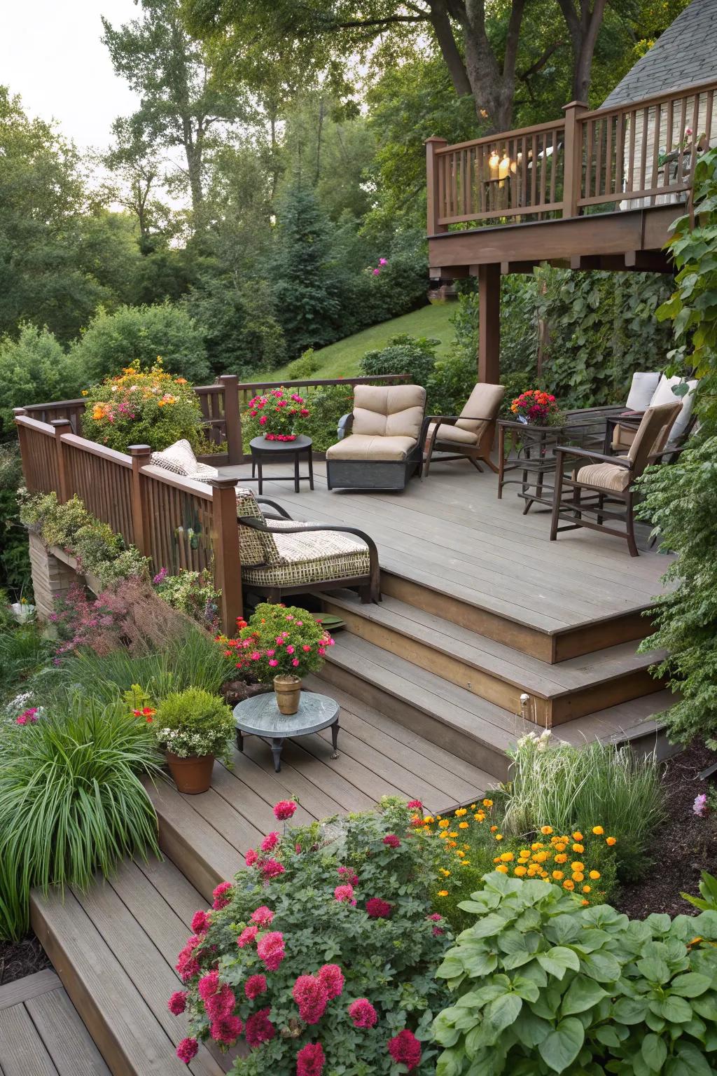 A multilevel deck designed as a garden oasis, perfect for relaxation.