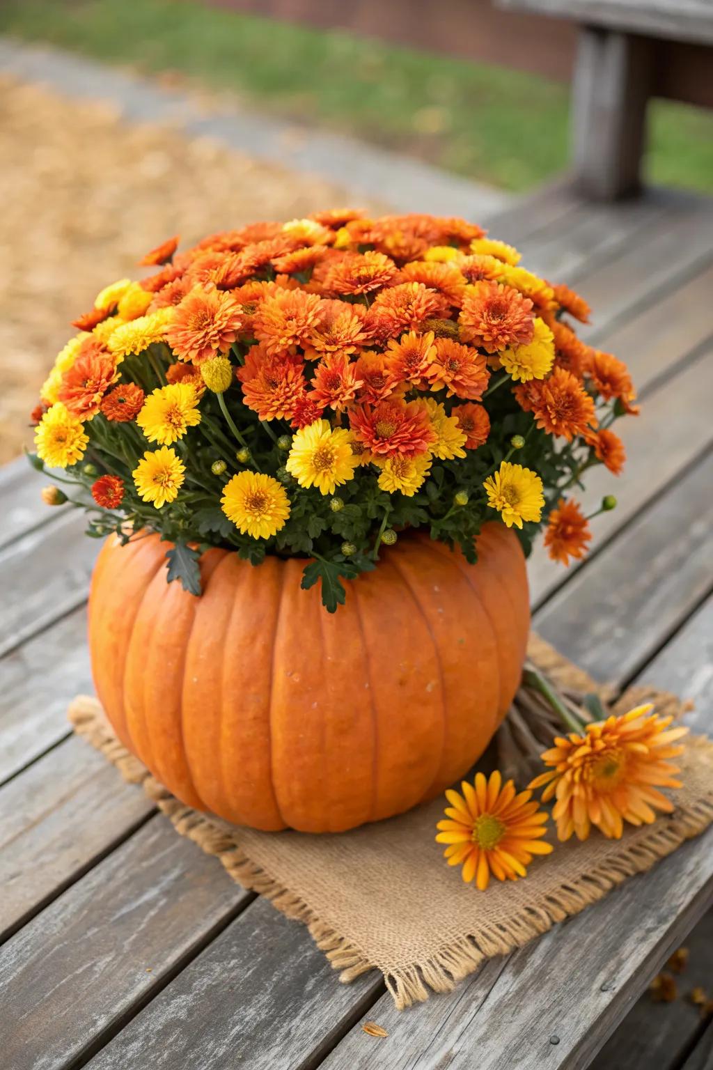 Pumpkins make the perfect seasonal planters for vibrant mums.