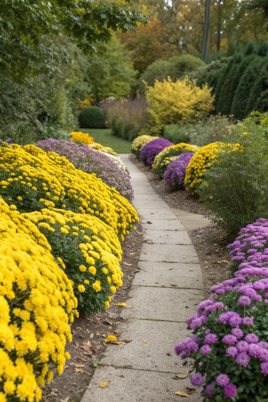 A garden path bordered with vibrant mums.