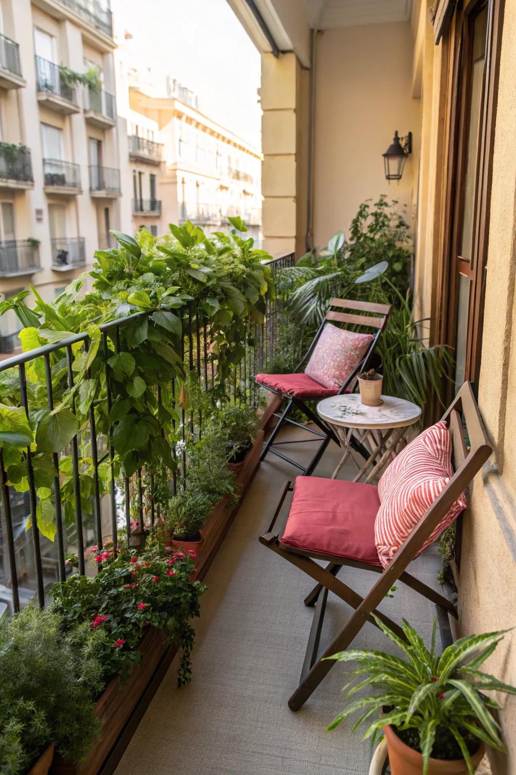 Compact seating transforms narrow spaces into versatile retreats.