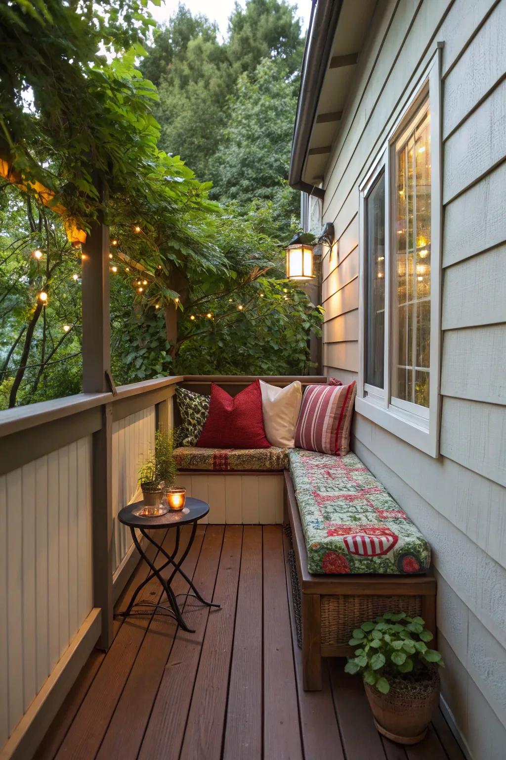 A small bench and cushions create a cozy corner for relaxation.
