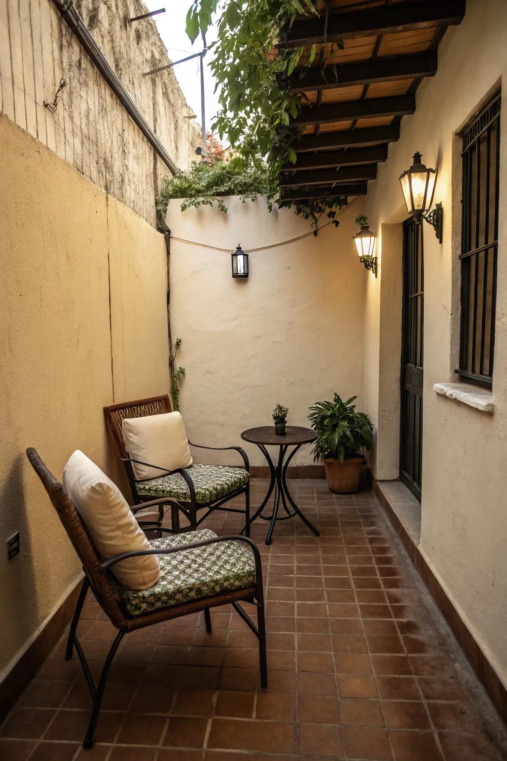 Compact seating arrangement on a narrow patio.