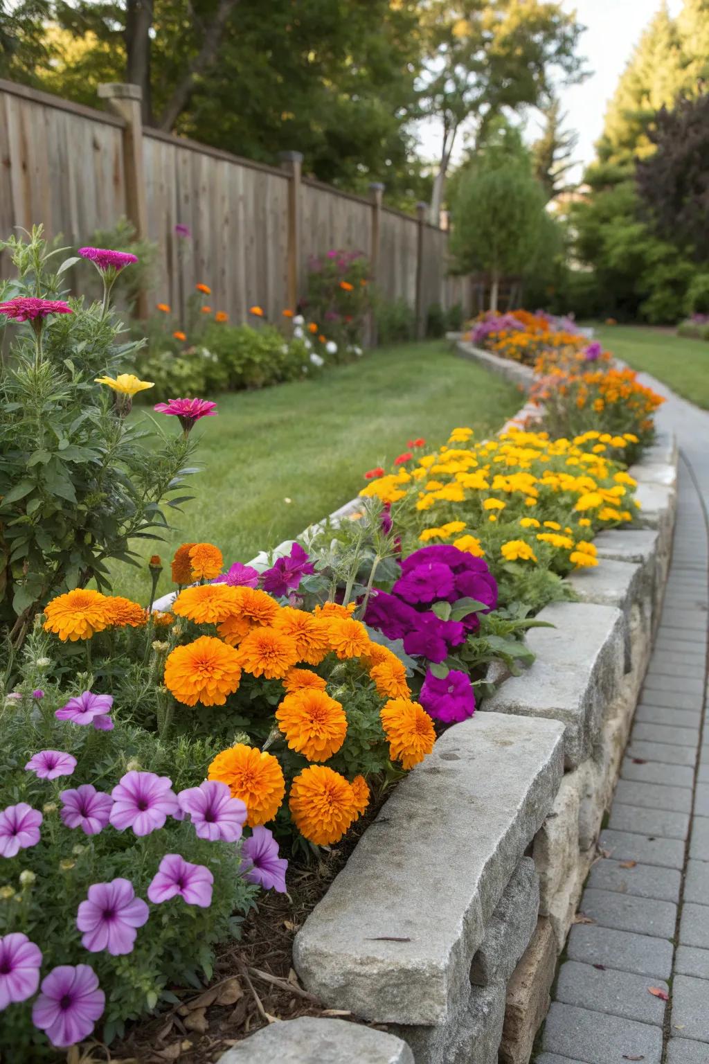 Bright marigolds and petunias create a cheerful atmosphere in this narrow planting strip.
