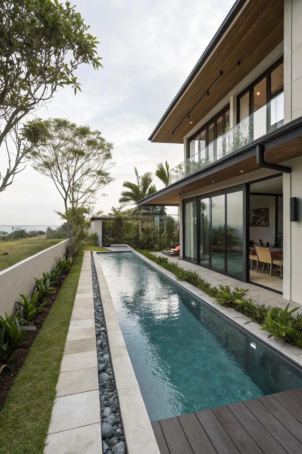 A narrow lap pool tucked beside a contemporary home.