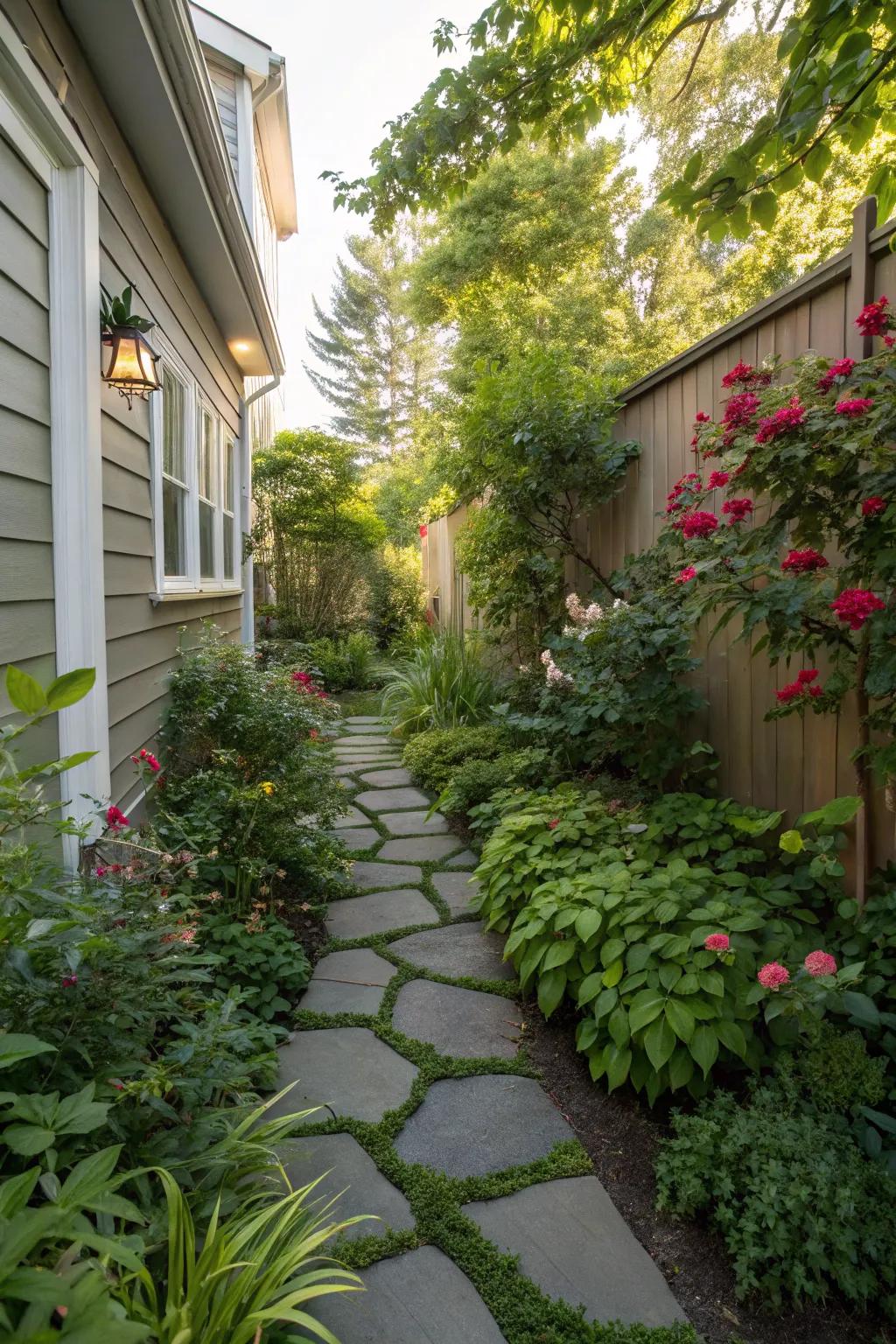 A stepping stone pathway is a charming addition to any narrow side yard.