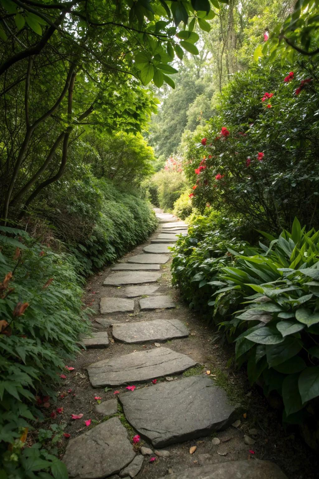 A narrow walkway featuring irregularly shaped stepping stones surrounded by lush plants.