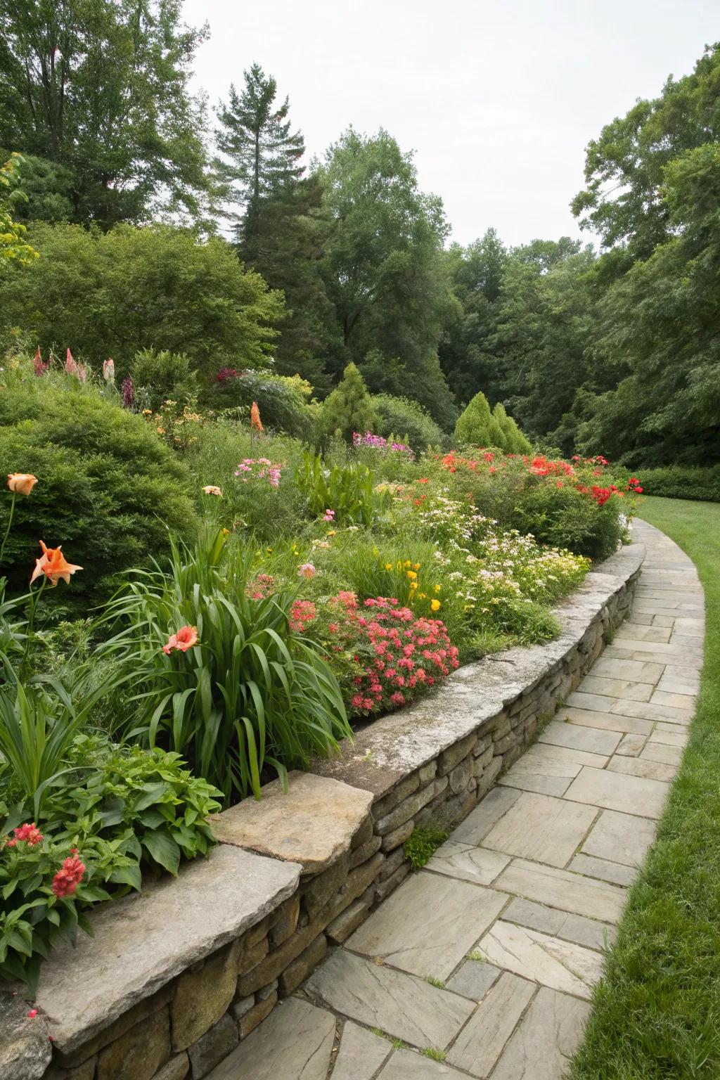 Natural stone edging providing a rustic border to a vibrant flower bed.