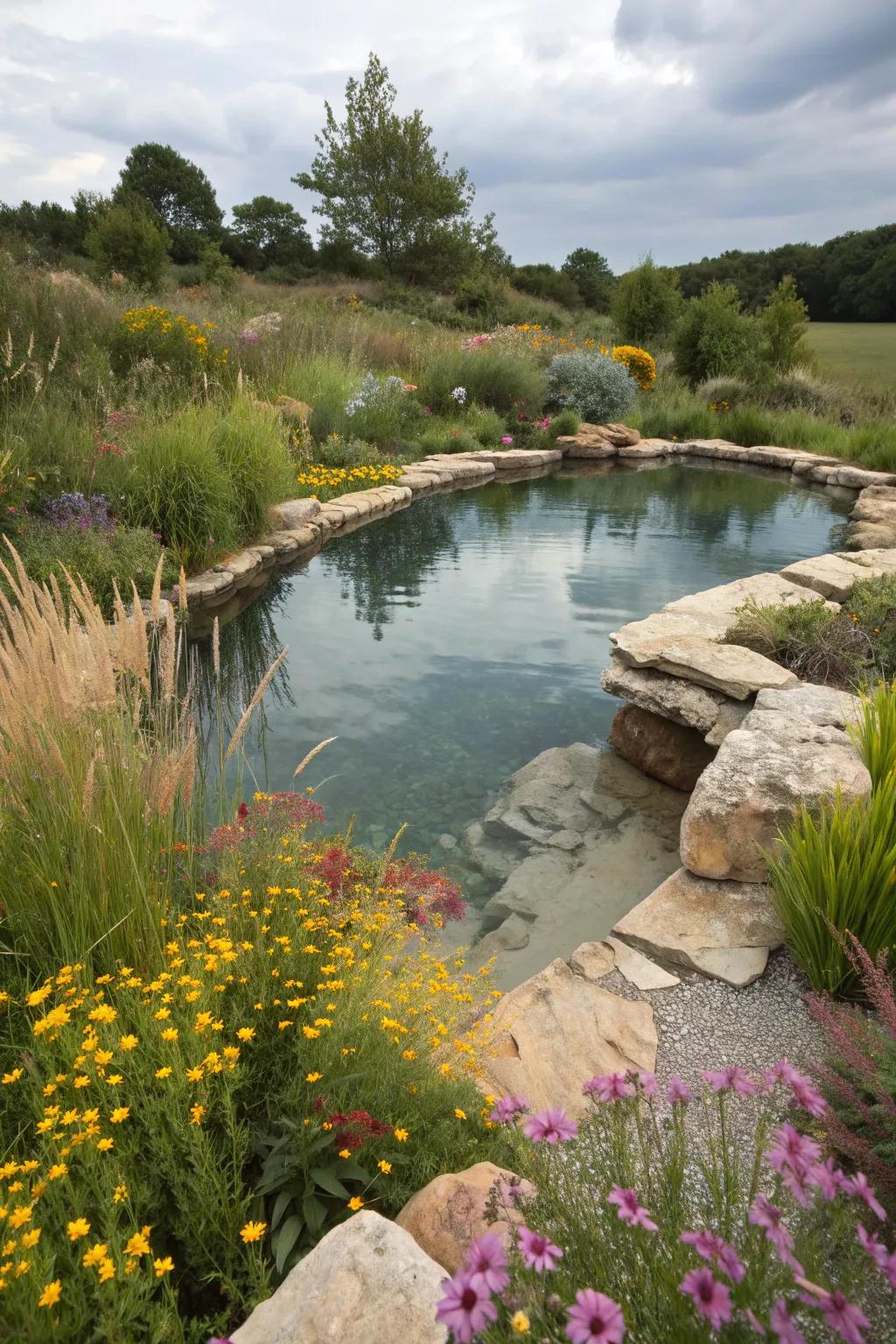 A natural pool with organic shapes, blending effortlessly into the landscape.