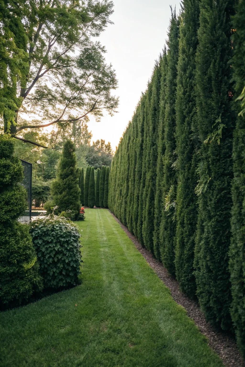 Tall green hedges form a serene and private backyard retreat.
