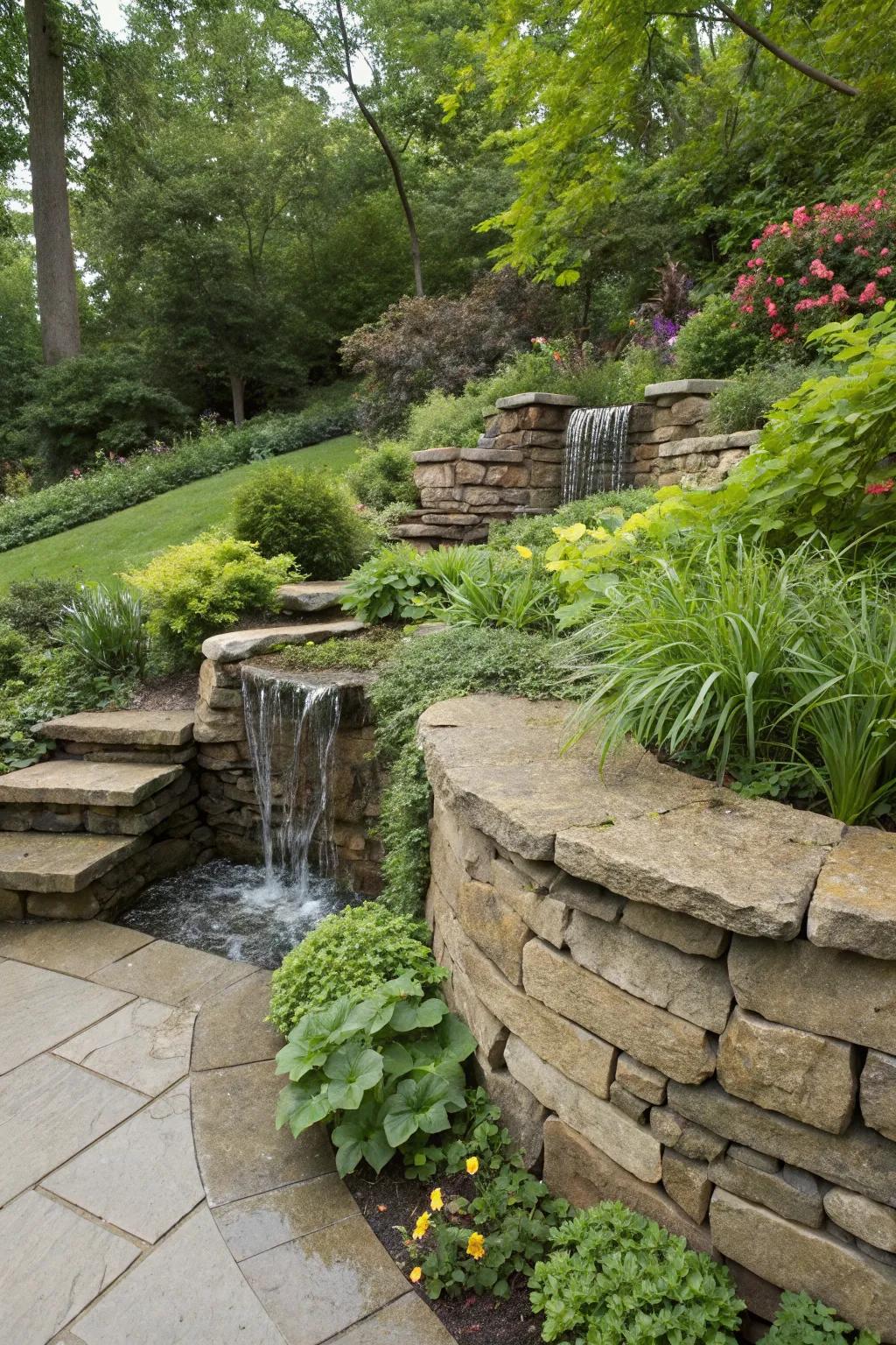 A stone retaining wall with a cascading waterfall, adding tranquility to the garden.
