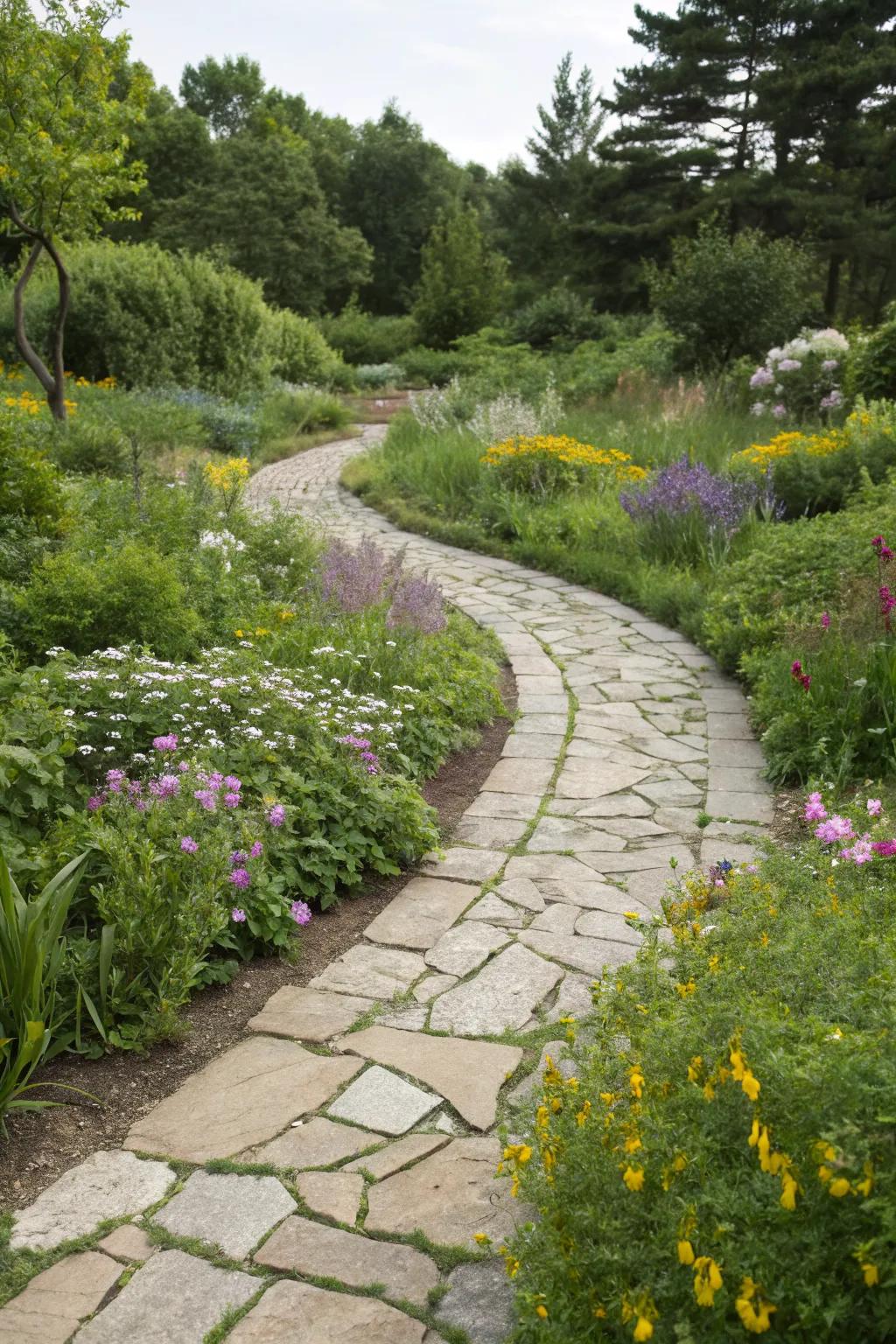 A winding stone pathway meanders through a lush garden, inviting exploration.