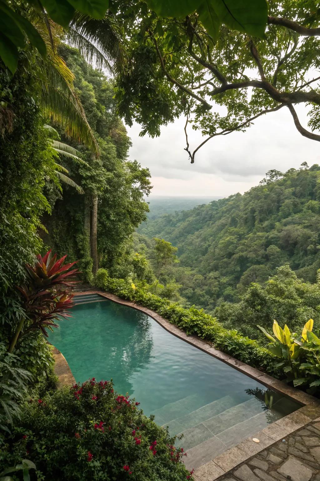 A natural swimming pool enveloped by lush greenery, creating a tropical paradise.