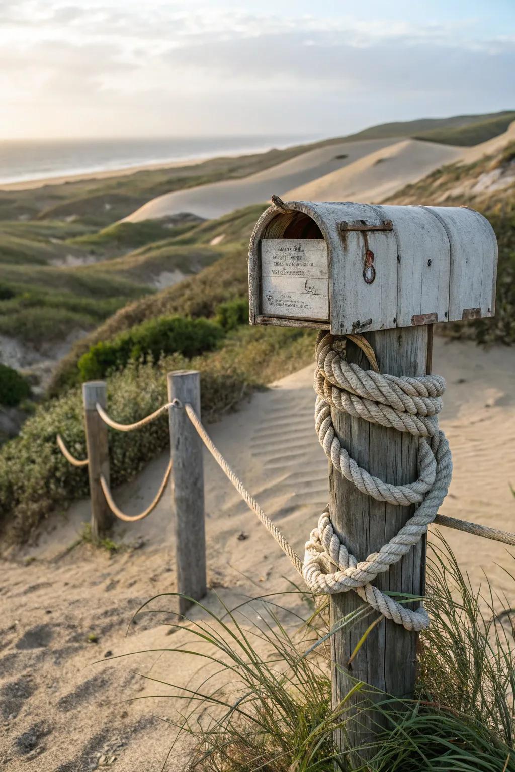A mailbox post wrapped in thick nautical rope.