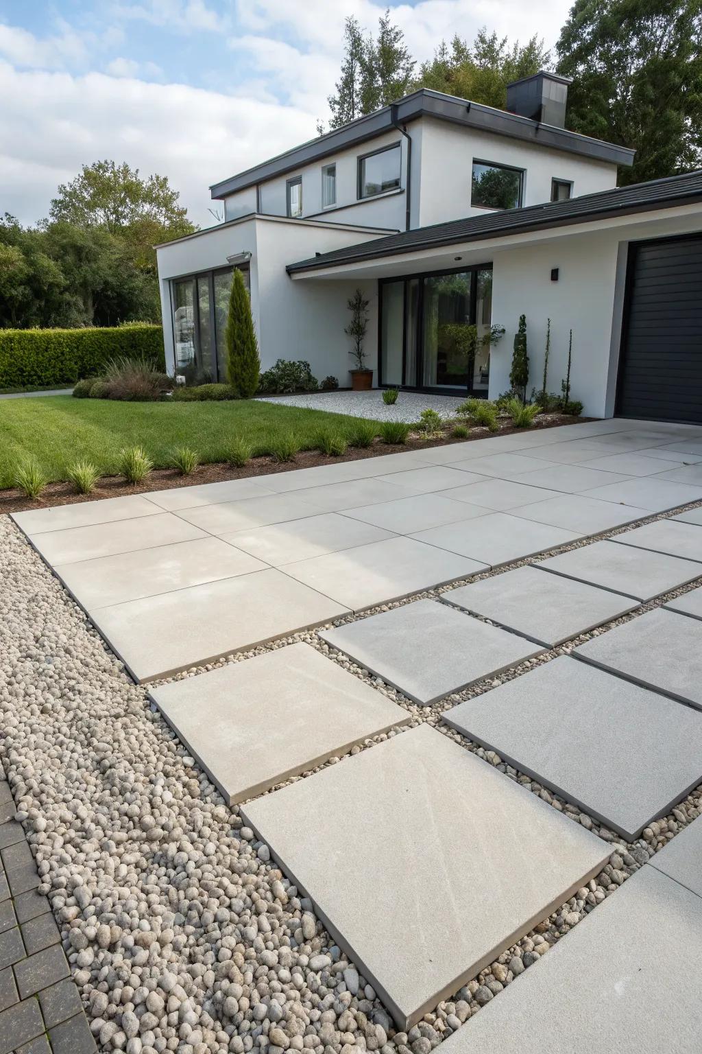 Minimalist elegance with a floating slab driveway design.