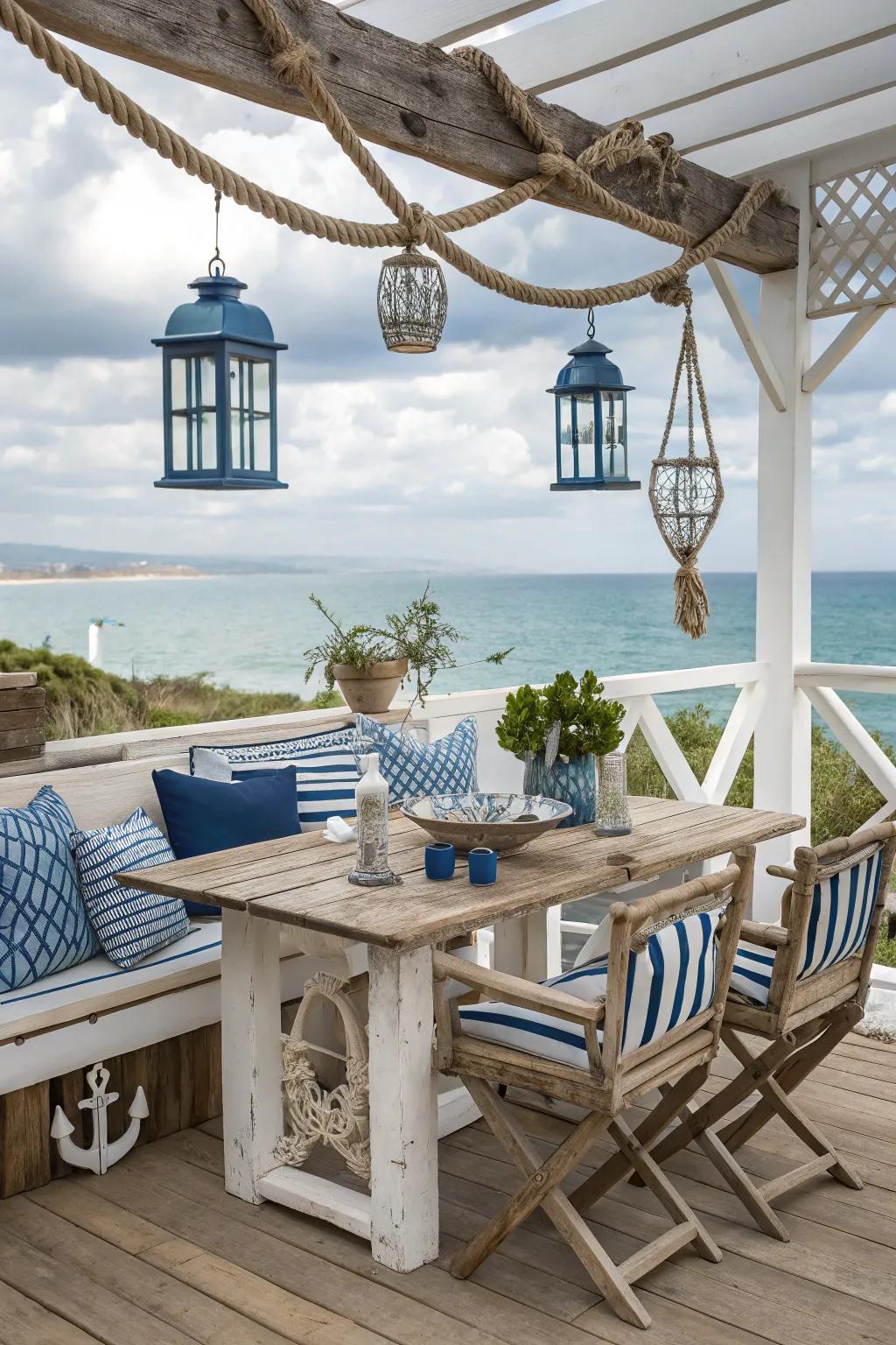 A coastal-inspired patio with a serene blue and white theme.