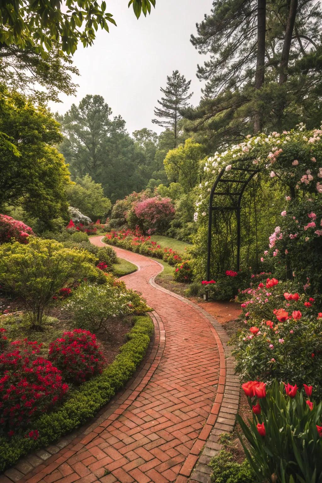 Brick pathways winding through a garden of lush greenery and vibrant blooms.