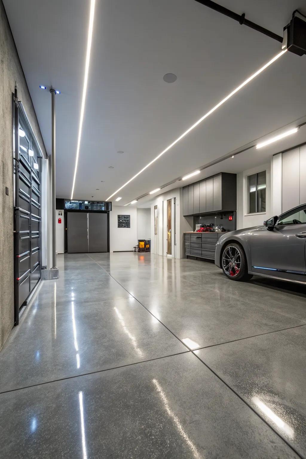 A garage with a sleek, modern aesthetic and polished concrete flooring.