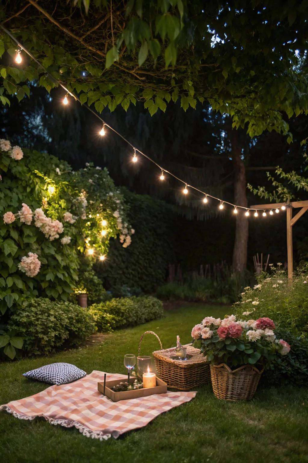 A tranquil garden illuminated by string lights, setting the scene for an enchanting picnic.