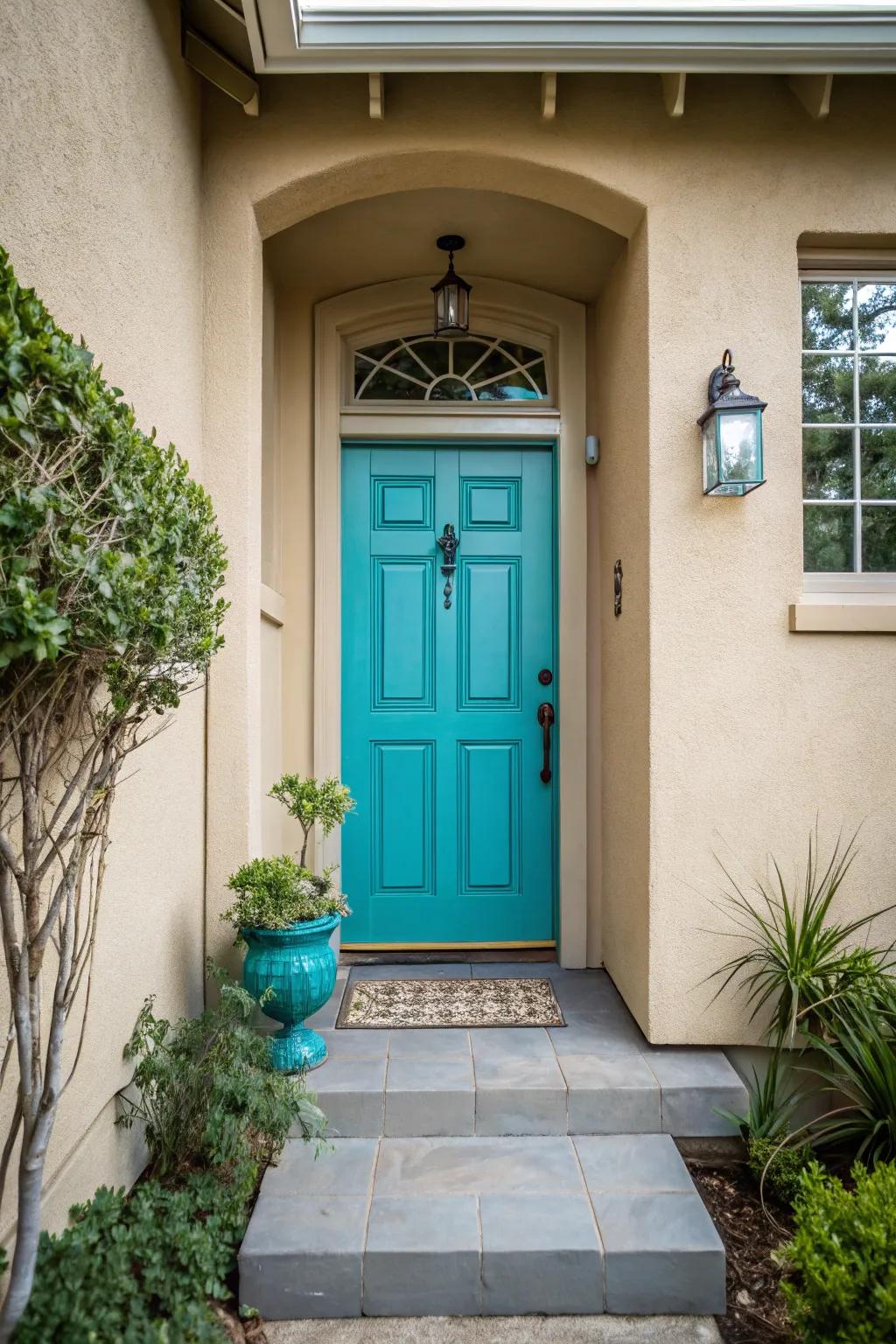 A striking teal door creates an inviting entrance.