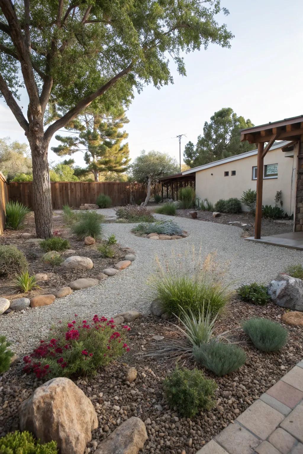 Gravel and drought-resistant plants create a rustic charm.