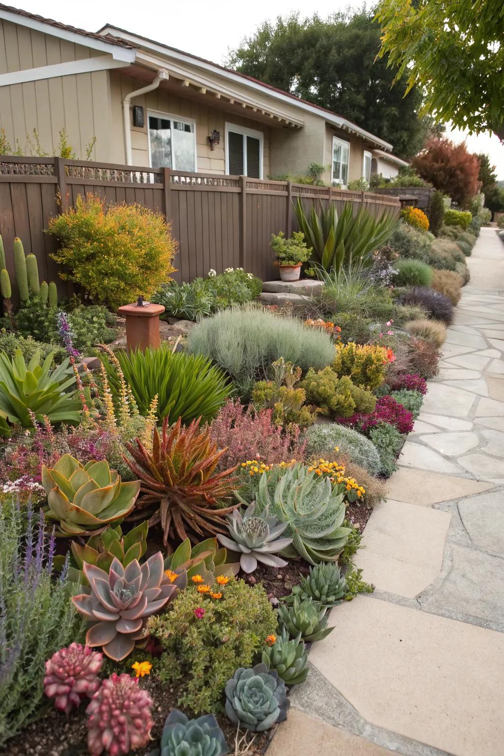 A front yard flourishing with drought-tolerant plants.