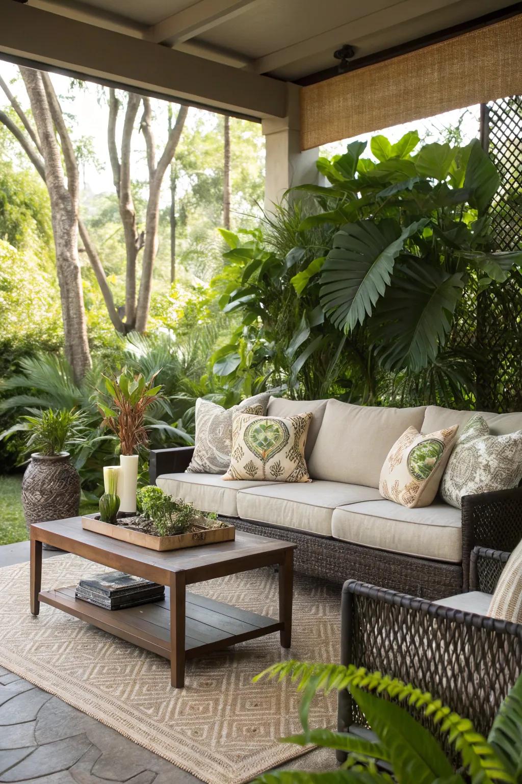 Create a cozy outdoor living room with comfortable seating and stylish decor.