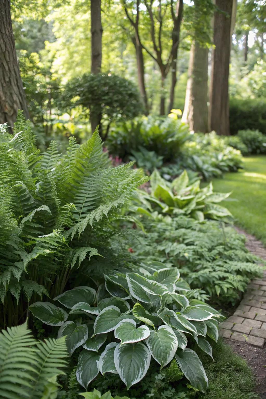 Lush greenery of ferns and hostas thriving in a shaded north-facing garden.