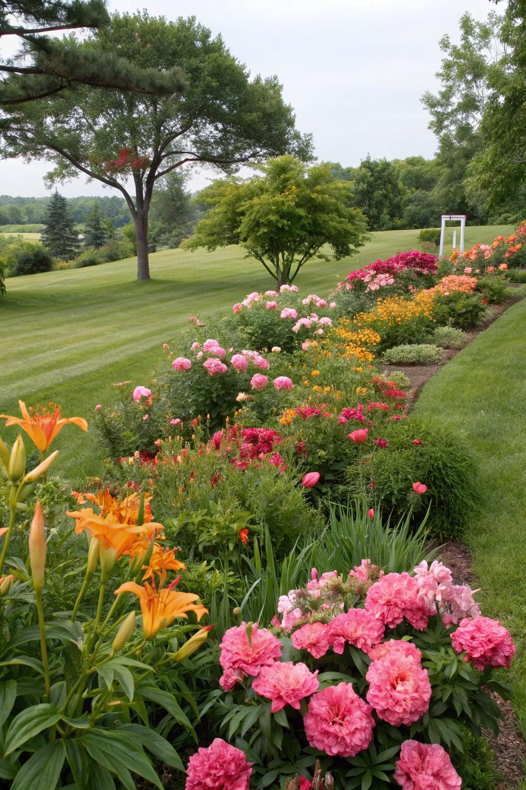 A garden blooming with peonies and daylilies, perfect for a colorful Northeast landscape.