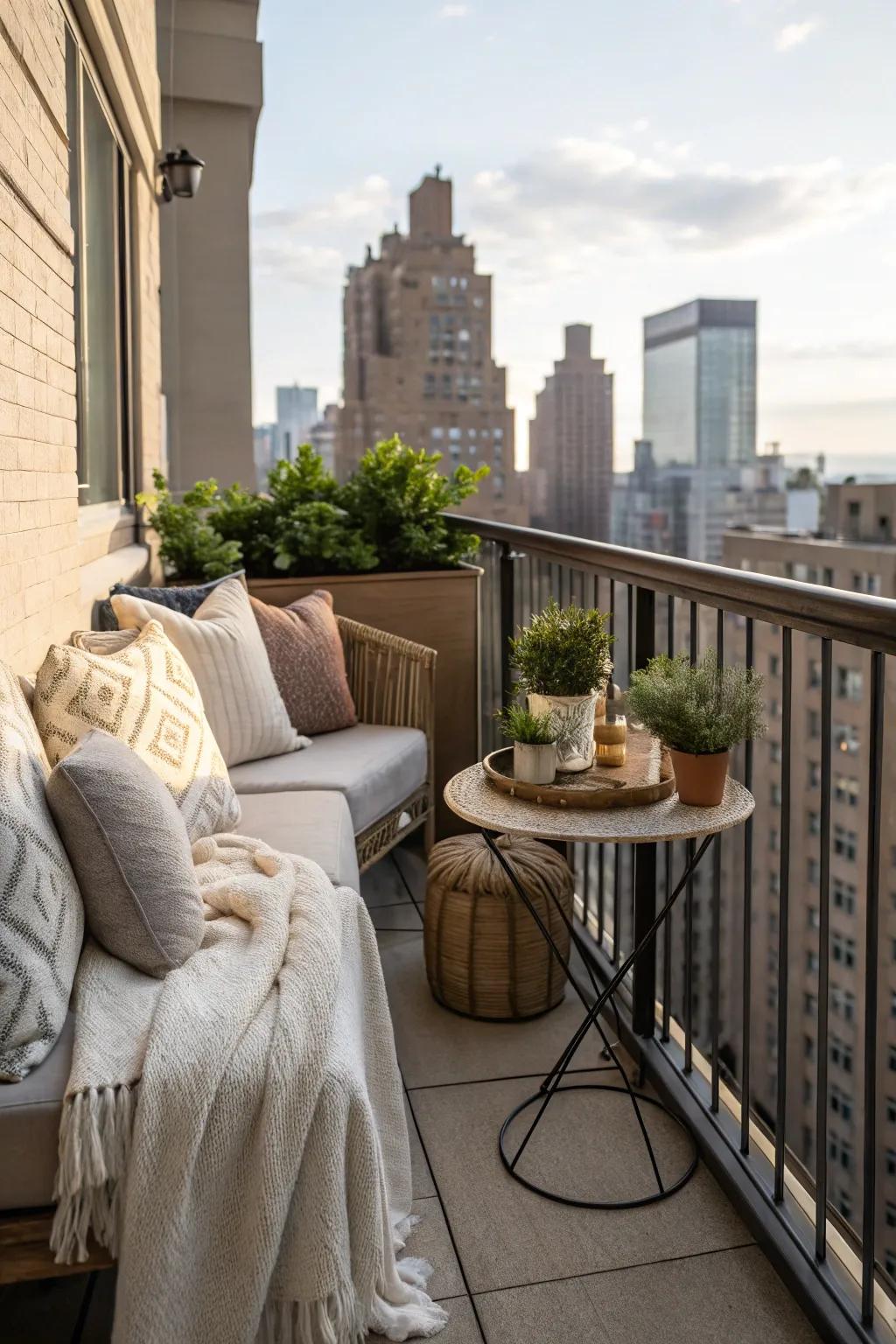A cozy seating area with cushions and throws on a NYC balcony.