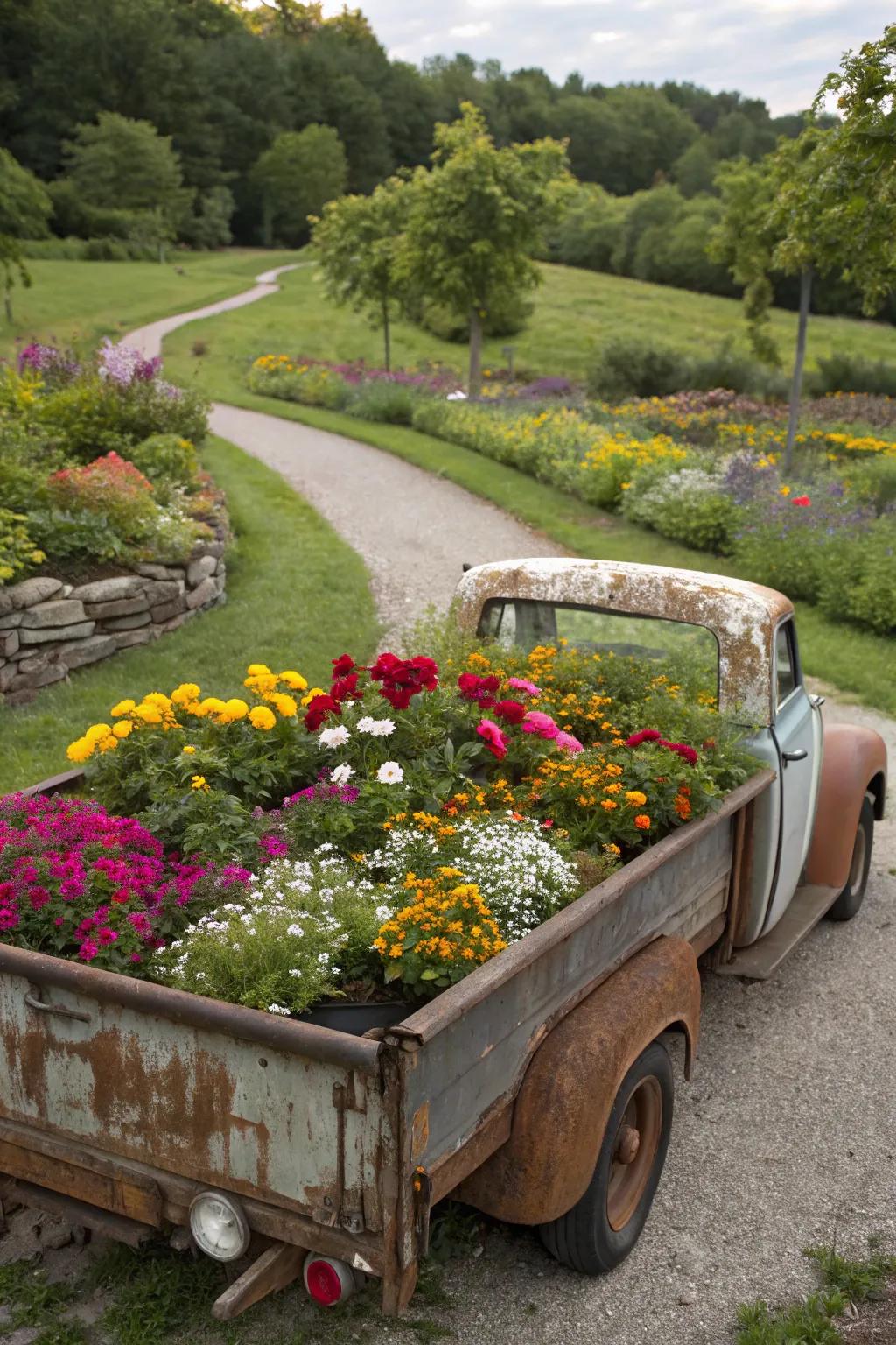A rustic truck bed planter bursting with vibrant flowers.