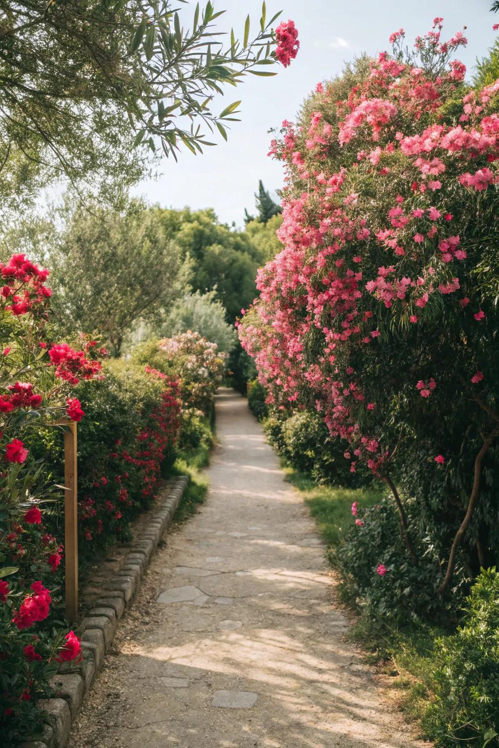 Create a welcoming path with vibrant oleander blooms.