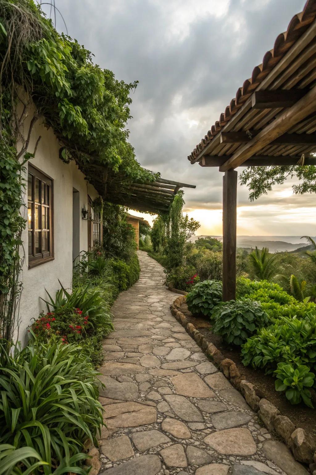 A stone walkway adds rustic charm to any open breezeway.