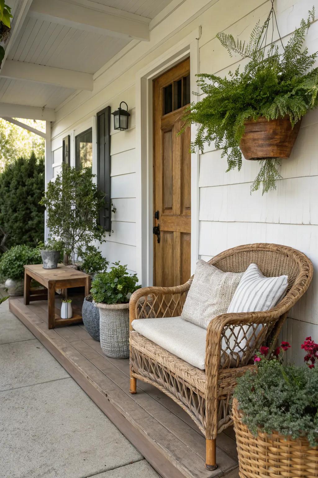 A charming seating nook on a cozy front porch.