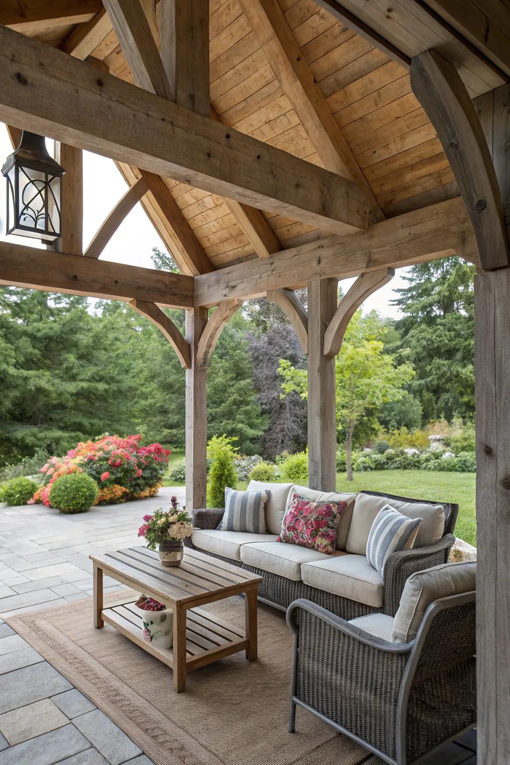 Wooden beams add rustic charm and warmth to this open gable porch.