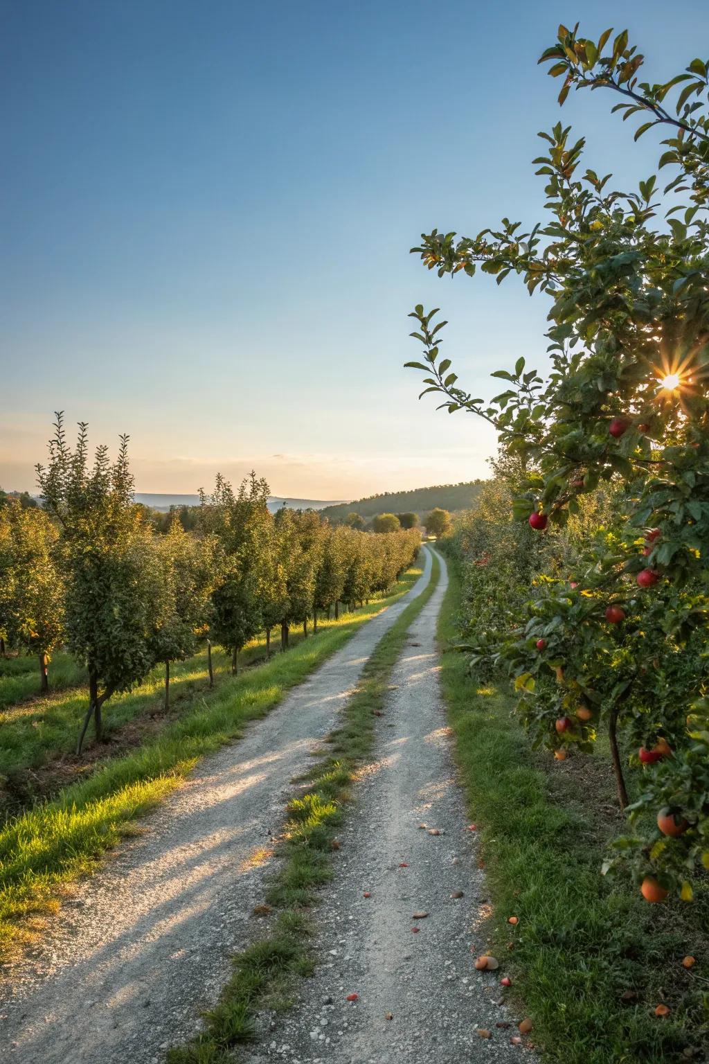 A gravel pathway meandering through an enchanting orchard.