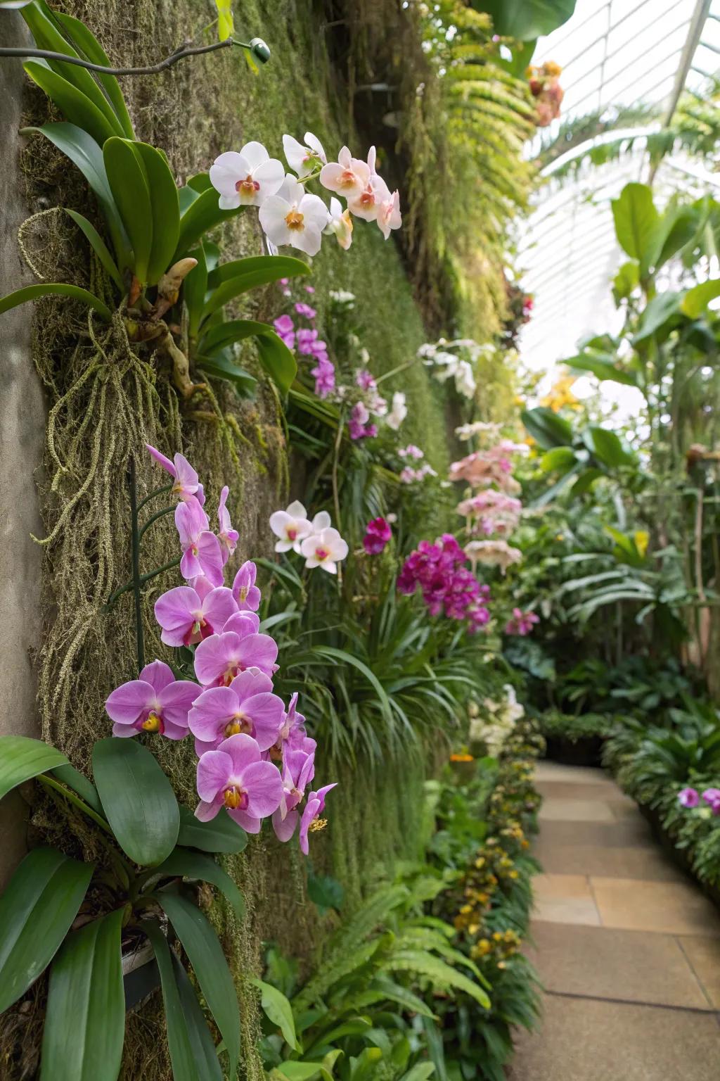 A vertical orchid wall adds a lush backdrop to any garden.
