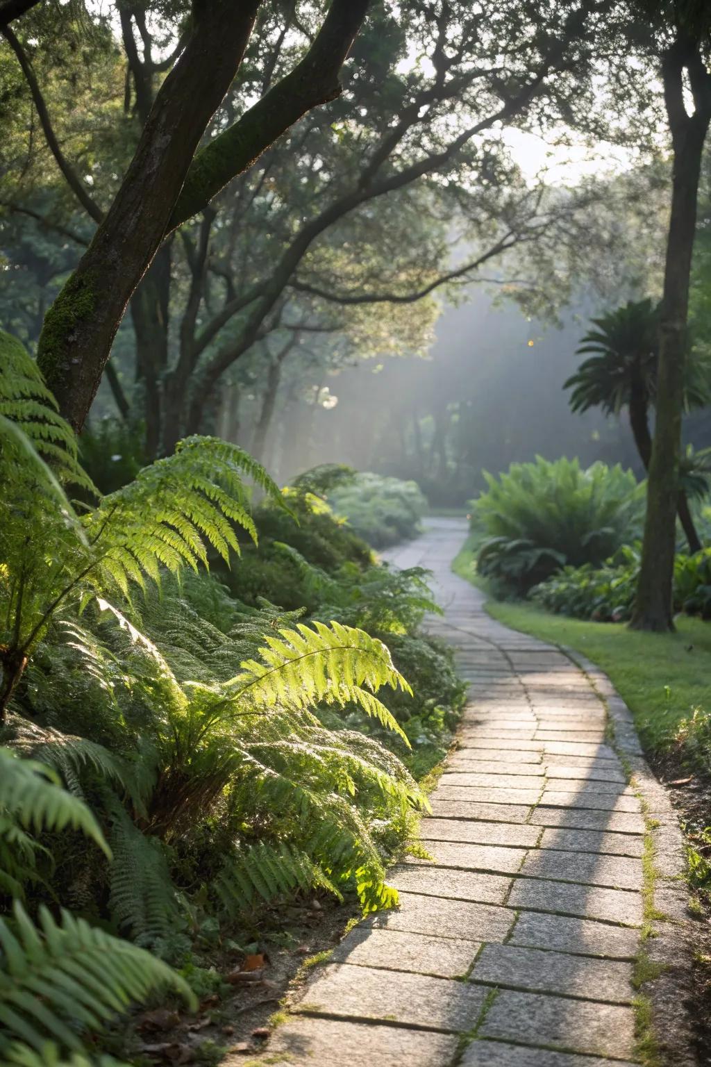 Ostrich ferns creating a lush border along a garden path.