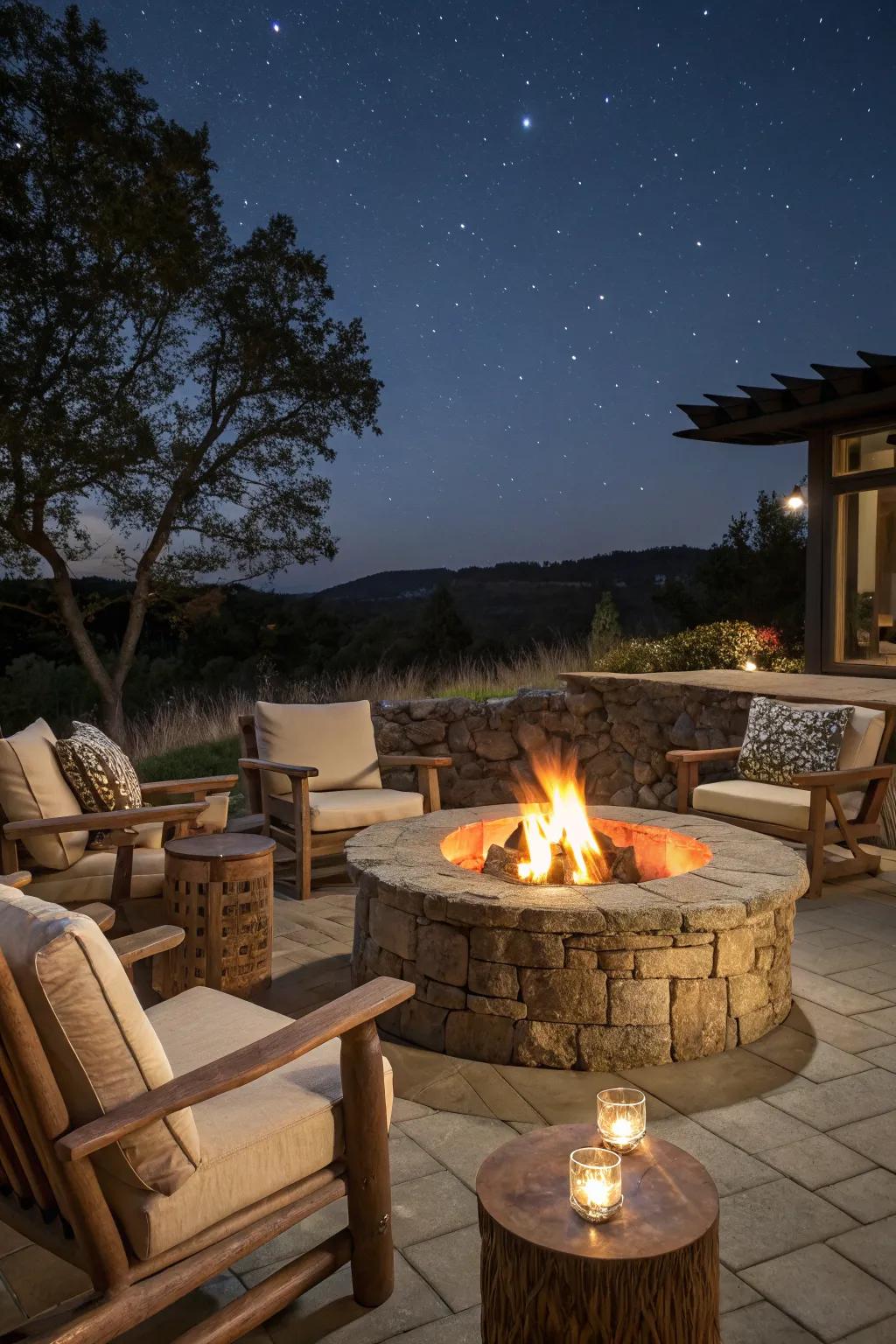 A warm and inviting outdoor space with a central fire pit.