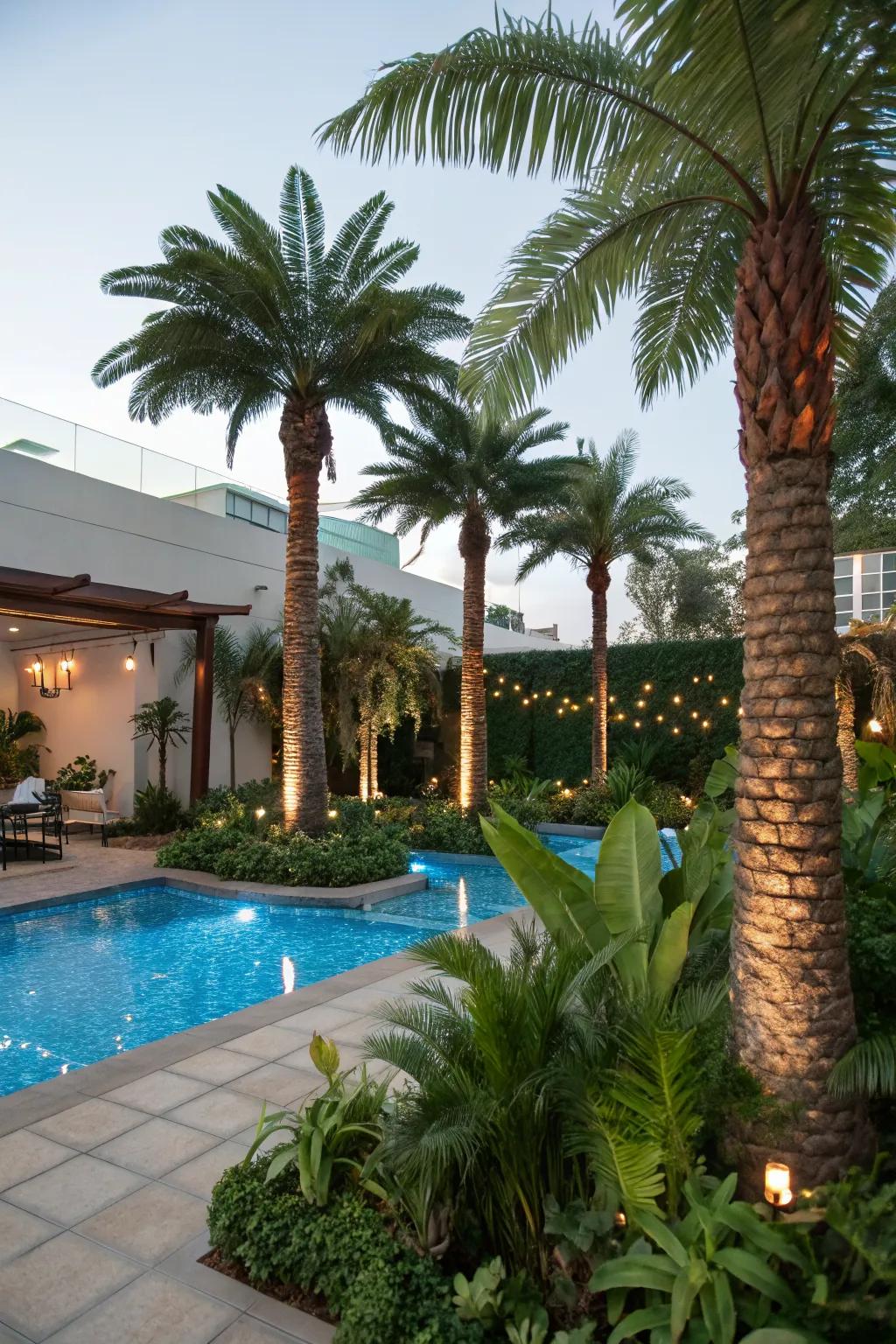 Achieve a tropical vibe by the pool with artificial palms.