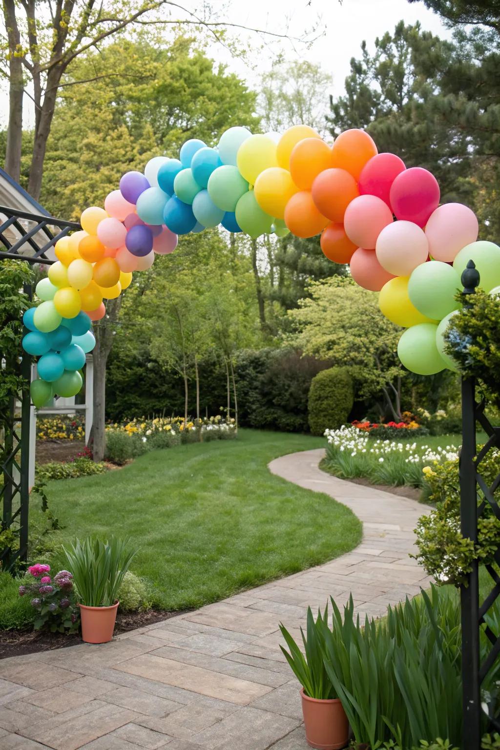 A vibrant balloon arch creates a whimsical entryway to the party.