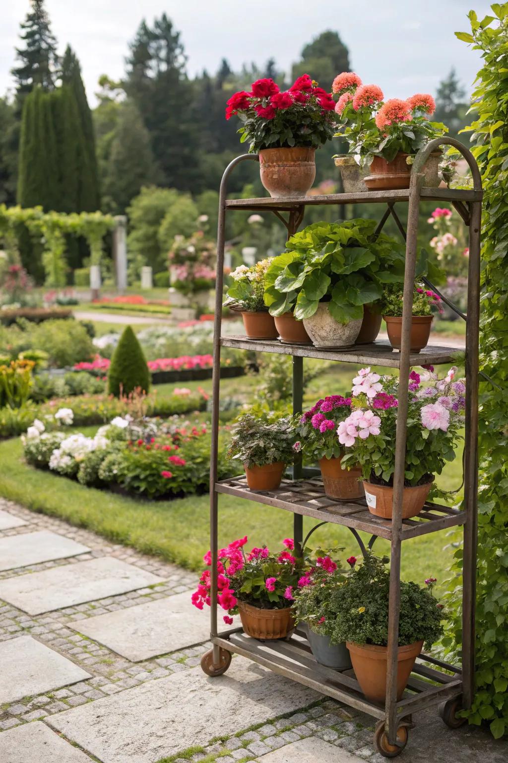A baker's rack bursting with greenery, creating a lush vertical garden.