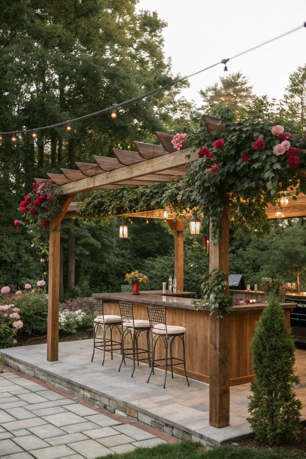 A pergola adds charm and shade to your outdoor bar.