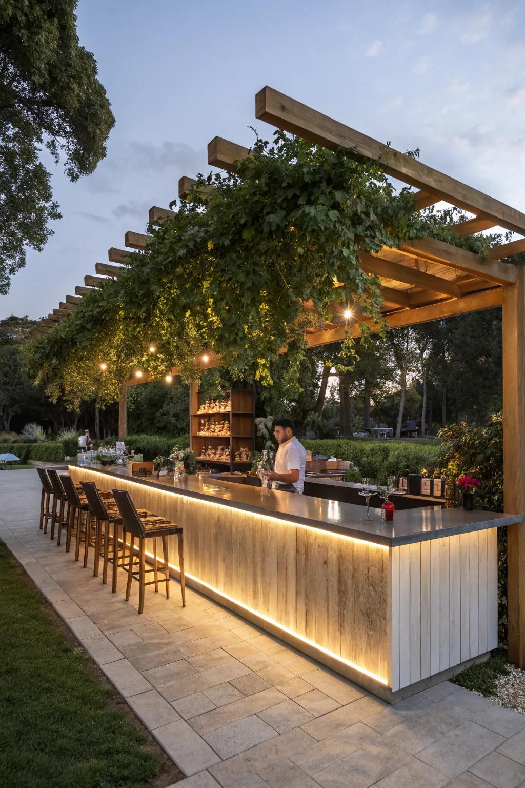 A pergola-covered bar with a natural touch.