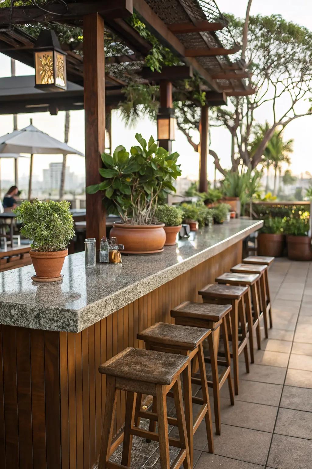 A classic granite countertop adds elegance to any outdoor bar setup.
